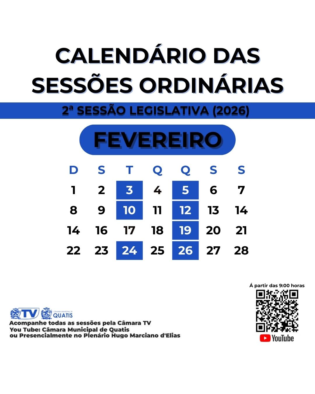 Calendário do mês de fevereiro de 2026